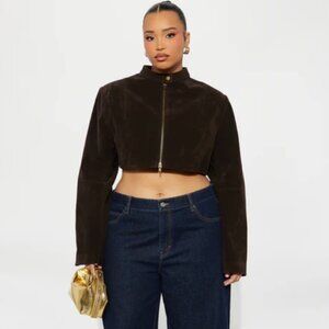 New Fashion Nova Women's Faux Suede Cropped Moto Jacket Chocolate Size 2X
